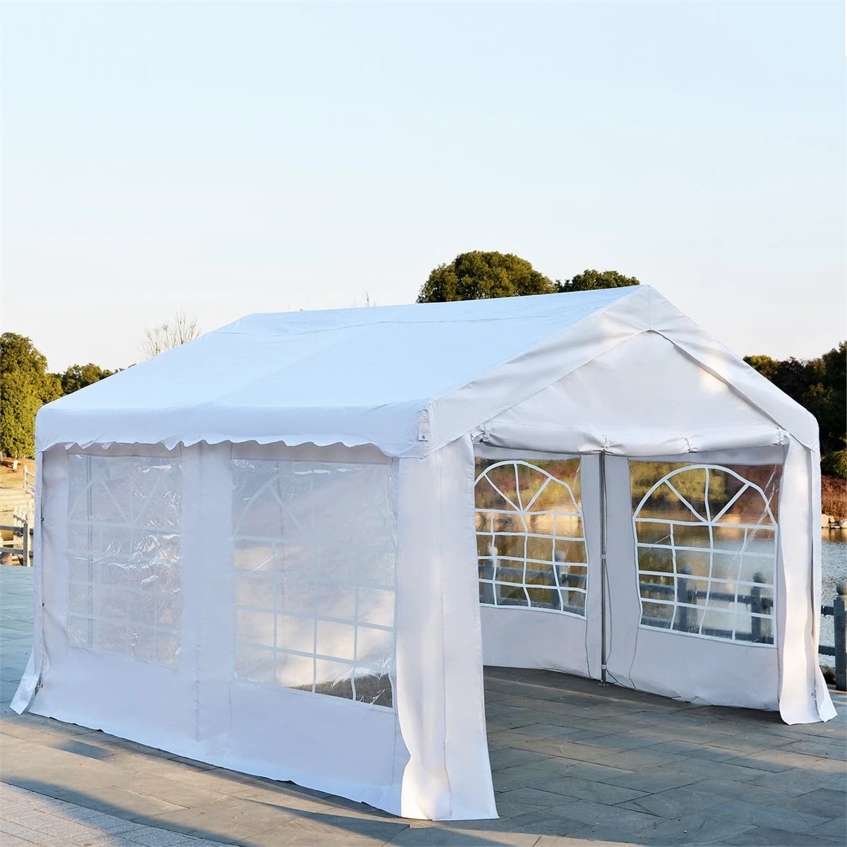 Outsunny Carpa De Jardín Cochera Gazebo 4x4m Pergola Cenador Pabellón 4 Paneles Laterales 4 Ventanas Para Fiesta Eventos Bodas Acero PE Blanco 4 Outsunny Carpa De Jardín Cochera Gazebo 4x4m Pergola Cenador Pabellón 4 Paneles Laterales 4 Ventanas Para Fiesta Eventos Bodas Acero PE Blanco - Imagen 2
