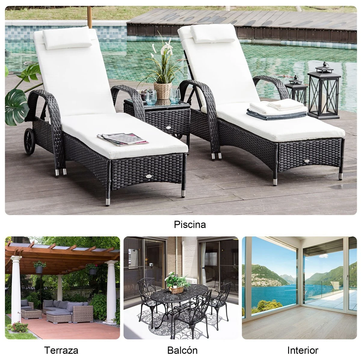 Outsunny Set De 2 Tumbonas Chaise Longue + 1 Mesa De Ratan Para Jardín O Terraza Sillas Con Cojín Y Respaldo Ajustable A 5 Niveles (Negro) 8 Outsunny Set De 2 Tumbonas Chaise Longue + 1 Mesa De Ratan Para Jardín O Terraza Sillas Con Cojín Y Respaldo Ajustable A 5 Niveles (Negro) - Imagen 6