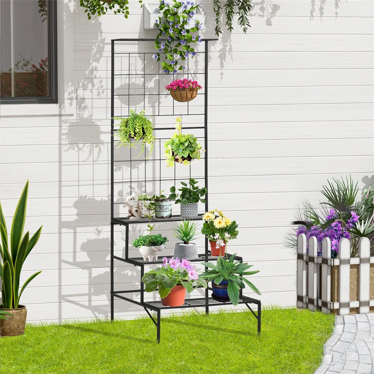 Outsunny Soporte Para Plantas Con Enrejado De Metal Estantería Para Macetas Trepadoras Con 3 Estantes Para Terraza Balcón Jardín Exterior E Interior 60x53,5x159,5 Cm Negro 4 Outsunny Soporte Para Plantas Con Enrejado De Metal Estantería Para Macetas Trepadoras Con 3 Estantes Para Terraza Balcón Jardín Exterior E Interior 60x53,5x159,5 Cm Negro - Imagen 2