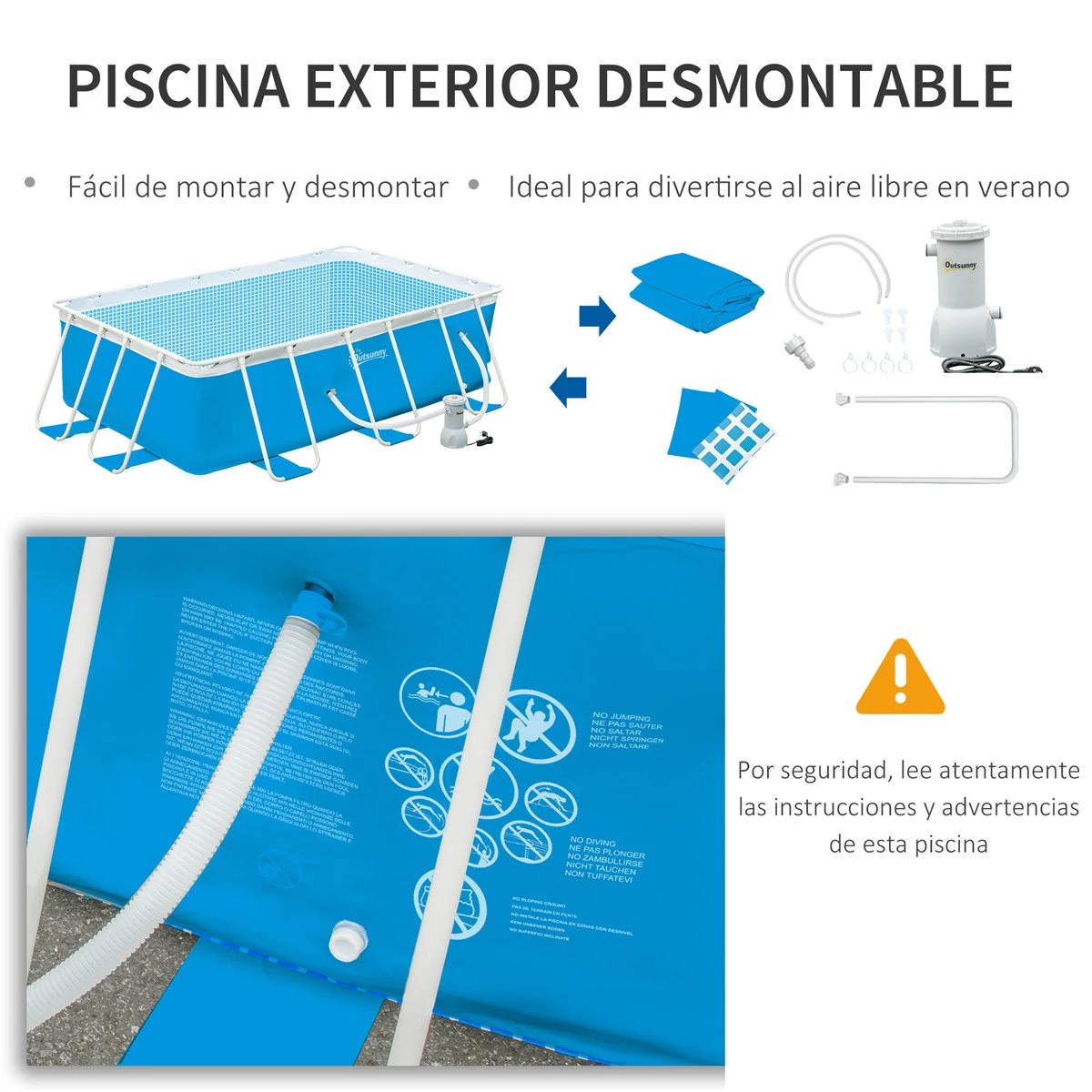 Outsunny Piscina Desmontable Tubular 340x215x80 Cm Piscina Rectangular De Exterior Con Depuradora De Cartucho 4.000 L/H Mangueras Longitud 100 Cm Y Marco De Acero 4200 L Azul 9 Outsunny Piscina Desmontable Tubular 340x215x80 Cm Piscina Rectangular De Exterior Con Depuradora De Cartucho 4.000 L/H Mangueras Longitud 100 Cm Y Marco De Acero 4200 L Azul - Imagen 7