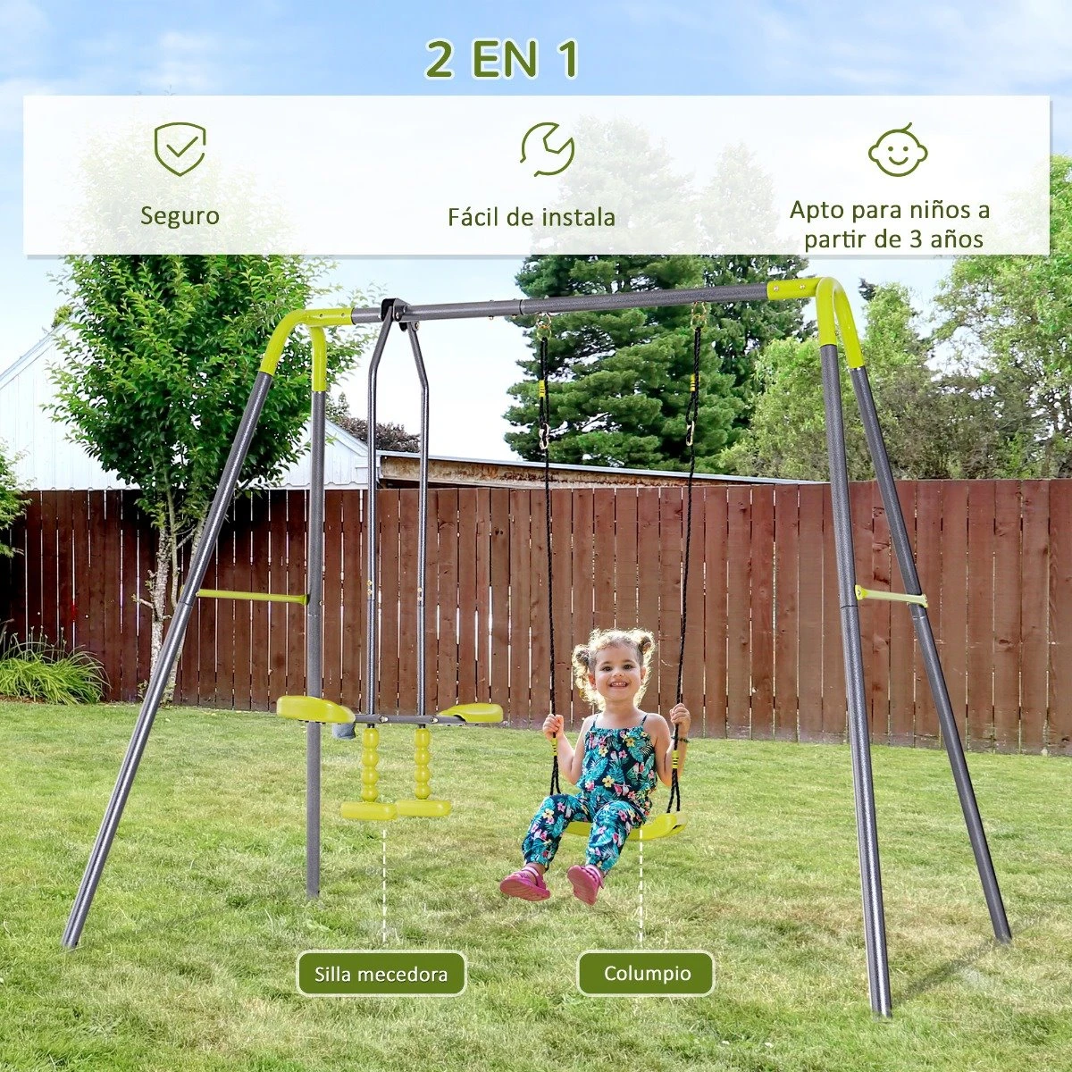 HOMCOM Set De Columpio Infantil Al Aire Libre Con Columpio Y Balancín Doble Plaza Juguetes Exterior Adecuado Para +3 Años 245x138x180cm Verde Y Gris 8 HOMCOM Set De Columpio Infantil Al Aire Libre Con Columpio Y Balancín Doble Plaza Juguetes Exterior Adecuado Para +3 Años 245x138x180cm Verde Y Gris - Imagen 6