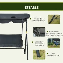 Outsunny Columpio Balancín De Jardín Exterior De 3 Plazas Con Cojín Techo Ajustable Y Marco De Acero Para Balcón Terraza Patio Carga Máx. 200 Kg 172x110x153 Cm Gris -OUTSUNNY TIENDA a05d4a663b4d2112a47d4e286008ef54b52557af d79725d70b4a48828eb3167c7edeab75