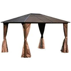 Outsunny Cenador De Jardín 300x365 Cm Marco De Aluminio Con Cortinas De Doble Capa Y Techo Metálico Para Reunión Familar Fiestas Bodas Negro Y Marrón