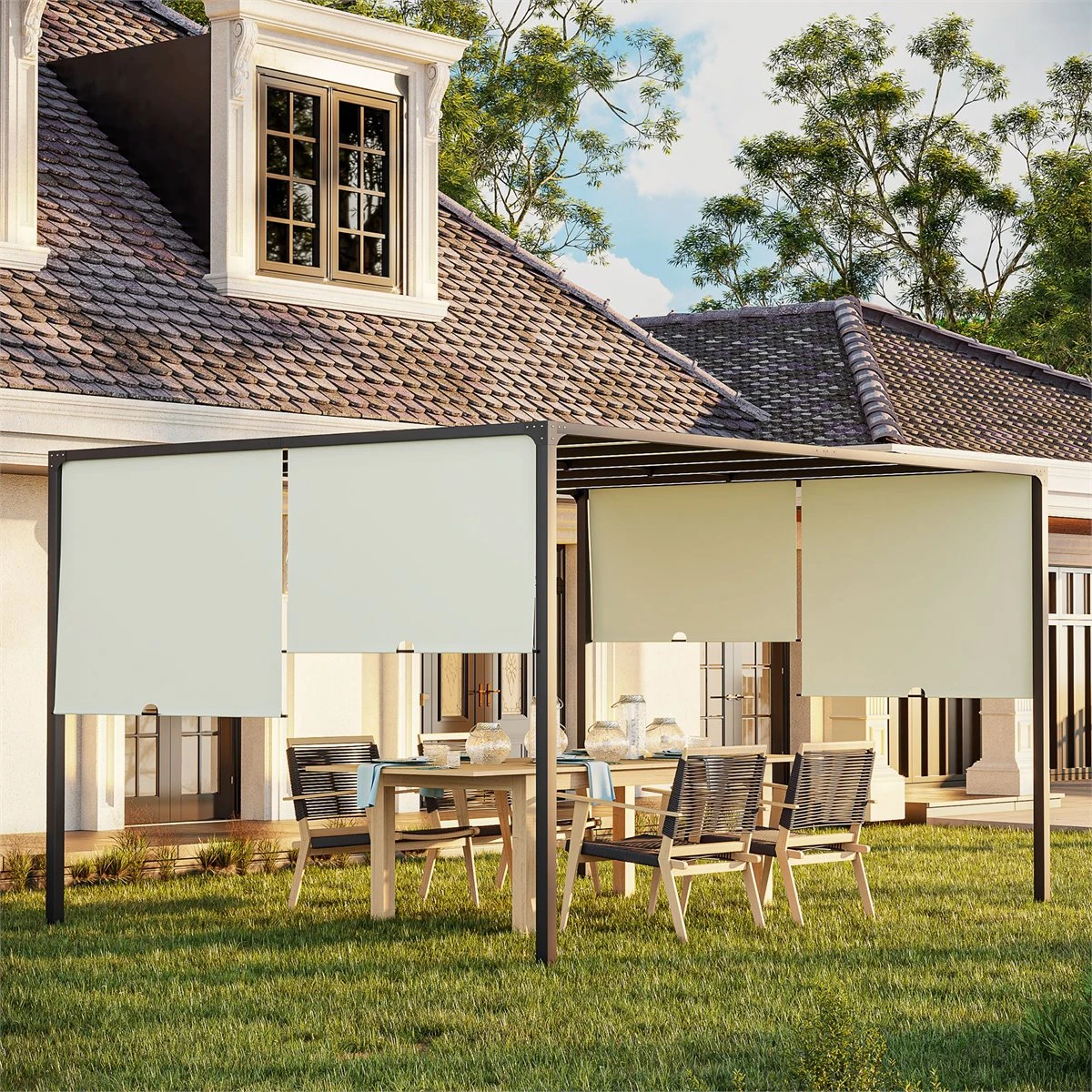 Outsunny Pérgola De Jardín 3x4 M Con Techo Retráctil Cenador Con Luces LED Energía Solar Marco De Acero Carpa Para Patio Terraza Balcón Crema 4 Outsunny Pérgola De Jardín 3x4 M Con Techo Retráctil Cenador Con Luces LED Energía Solar Marco De Acero Carpa Para Patio Terraza Balcón Crema - Imagen 2