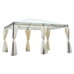 Outsunny Cenador De Jardín 4x3 M Pabellón Con 4 Paredes Laterales Y Techo Con 12 Orificios De Drenaje Marco De Metal Para Reunión Familiar Fiestas Bodas Crema