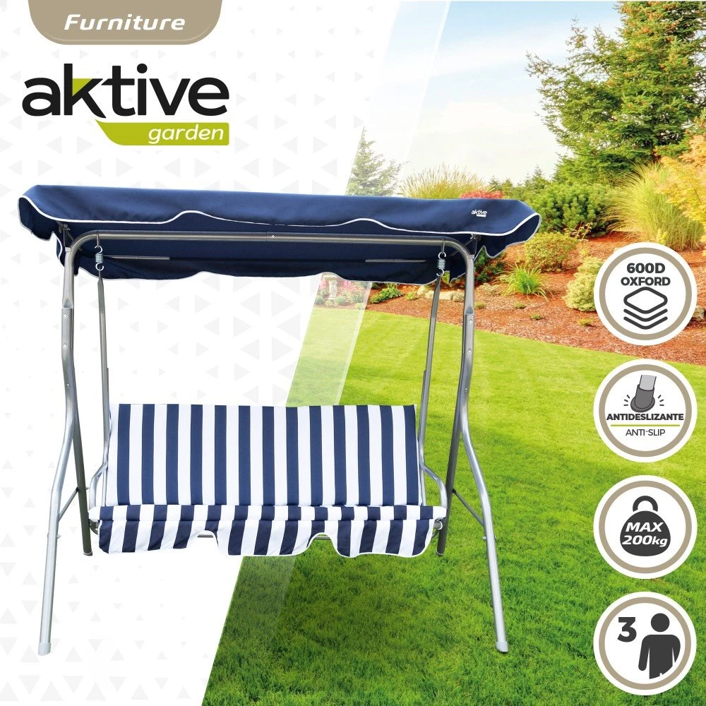 Balancín Para Jardín Azul Y Blanco C/toldo Inclinable 3 Plazas Aktive 4 Balancín Para Jardín Azul Y Blanco C/toldo Inclinable 3 Plazas Aktive - Imagen 2
