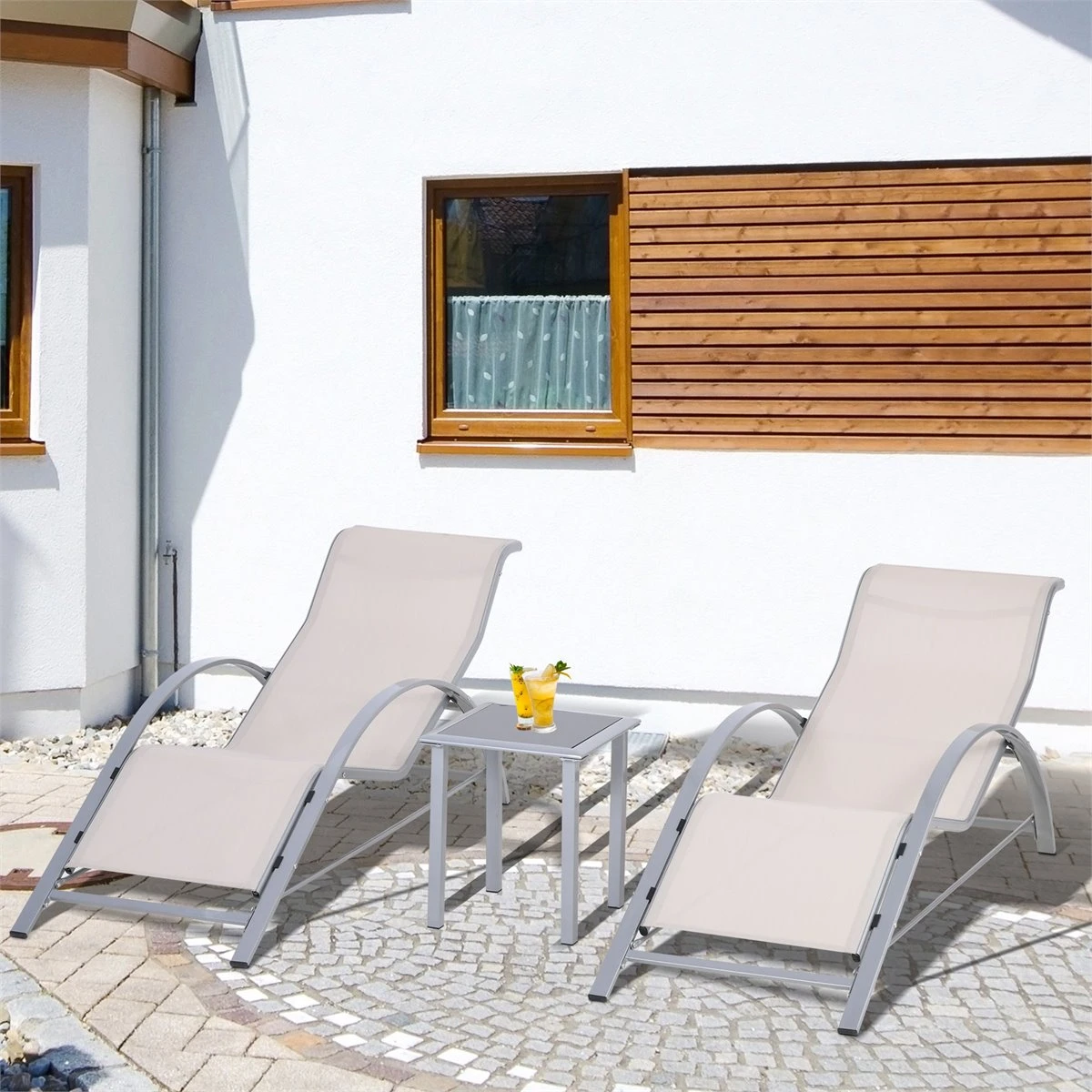 Outsunny 2 Tumbonas De Jardín 59x169x66 Cm Con Mesa De Café 41x41x45 Cm De Vidrio Templado Reposabrazos Para Patio Piscina Terraza Aire Libre Beige 4 Outsunny 2 Tumbonas De Jardín 59x169x66 Cm Con Mesa De Café 41x41x45 Cm De Vidrio Templado Reposabrazos Para Patio Piscina Terraza Aire Libre Beige - Imagen 2