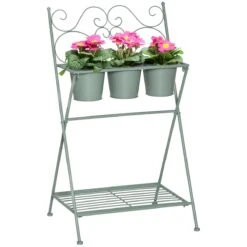 Outsunny Soporte De Metal Para Plantas Plegable Con 3 Macetas Incluidas Y Estante Inferior Porta Macetero Decorativo De Flores Para Interiores Y Exteriores 47x37x78,5 Cm Verde
