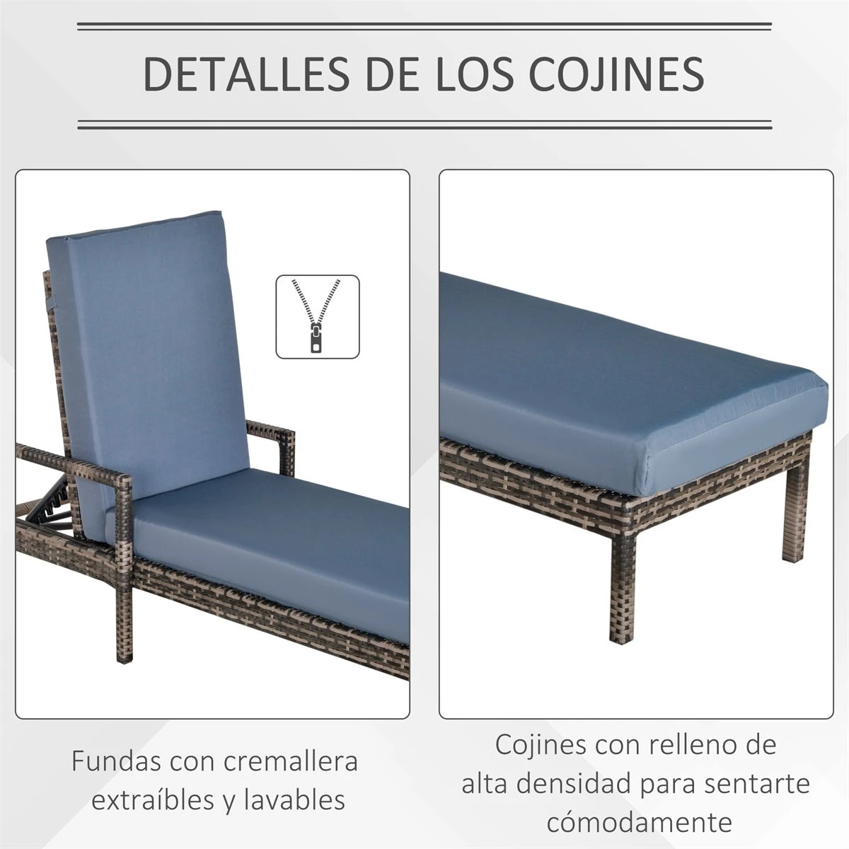 Outsunny Conjunto De 2 Tumbonas De Ratán De Jardín Con Cojines Acolchados Respaldo Ajustable En 5 Posiciones 2 Ruedas Y Tela Extraíble Lavable 67x196x51 Cm Gris 9 Outsunny Conjunto De 2 Tumbonas De Ratán De Jardín Con Cojines Acolchados Respaldo Ajustable En 5 Posiciones 2 Ruedas Y Tela Extraíble Lavable 67x196x51 Cm Gris - Imagen 7