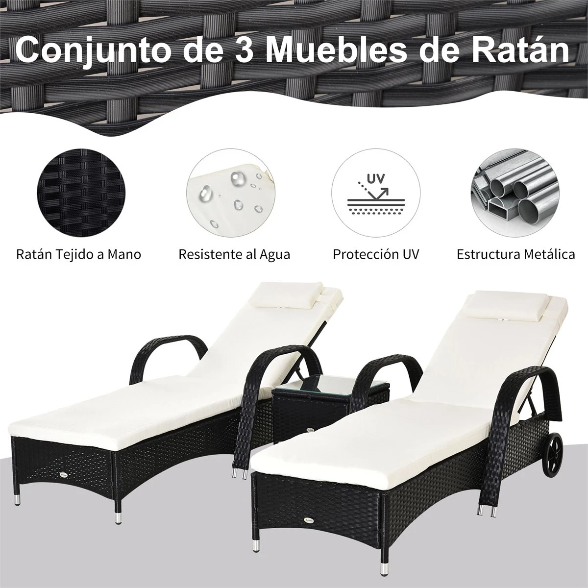 Outsunny Set De 2 Tumbonas Chaise Longue + 1 Mesa De Ratan Para Jardín O Terraza Sillas Con Cojín Y Respaldo Ajustable A 5 Niveles (Negro) 6 Outsunny Set De 2 Tumbonas Chaise Longue + 1 Mesa De Ratan Para Jardín O Terraza Sillas Con Cojín Y Respaldo Ajustable A 5 Niveles (Negro) - Imagen 4
