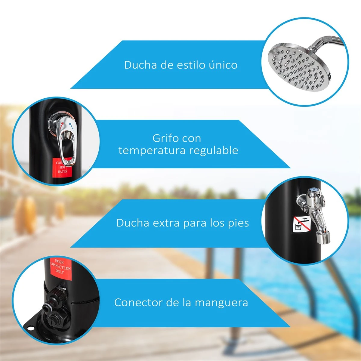 Outsunny Ducha Solar De 20 Litros Para Exterior Ducha De Piscina Con Cabezal De Ducha Grifo Y Regulador De Agua Caliente Máx. 60℃ Para Jardín Patio Playa Ø11x217 Cm Negro 8 Outsunny Ducha Solar De 20 Litros Para Exterior Ducha De Piscina Con Cabezal De Ducha Grifo Y Regulador De Agua Caliente Máx. 60℃ Para Jardín Patio Playa Ø11x217 Cm Negro - Imagen 6