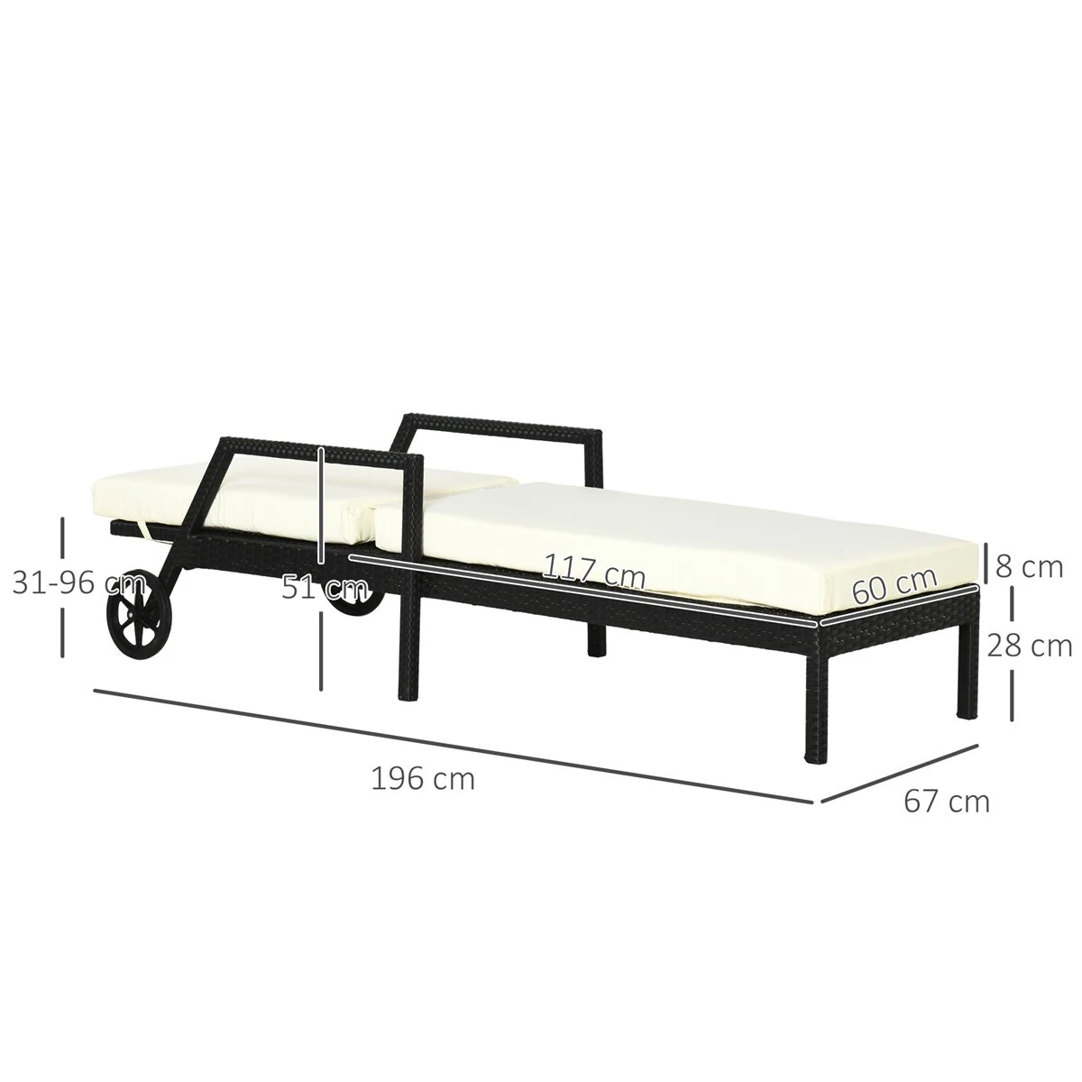 Outsunny Conjunto De 2 Tumbonas De Ratán De Jardín Con Cojines Acolchados Respaldo Ajustable En 5 Posiciones 2 Ruedas Y Tela Extraíble Lavable 67x196x51 Cm Negro 5 Outsunny Conjunto De 2 Tumbonas De Ratán De Jardín Con Cojines Acolchados Respaldo Ajustable En 5 Posiciones 2 Ruedas Y Tela Extraíble Lavable 67x196x51 Cm Negro - Imagen 3
