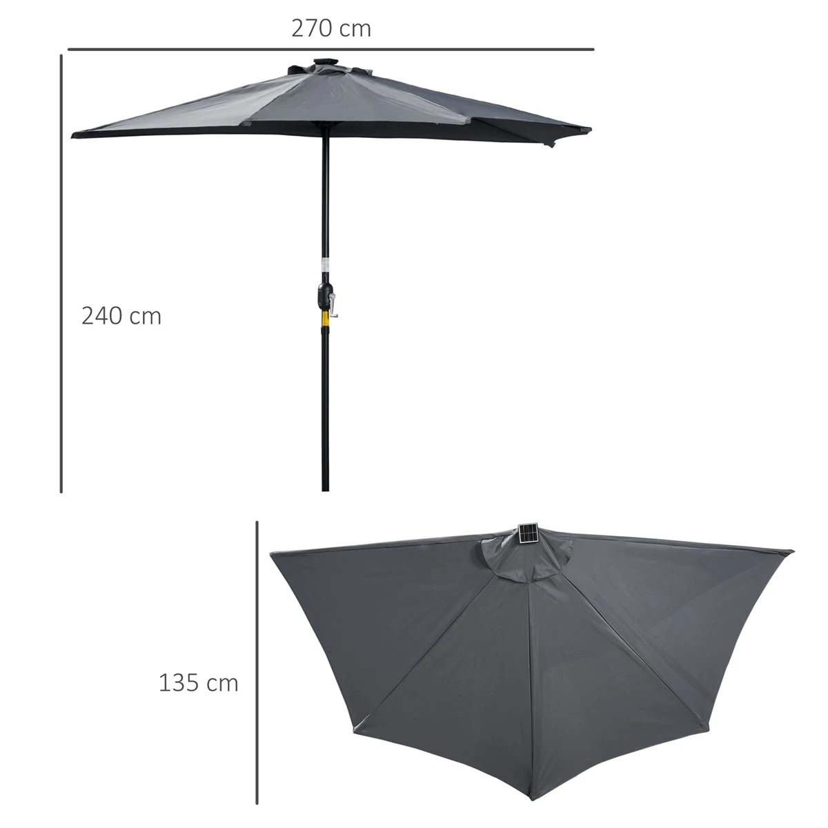 Outsunny Sombrilla Semicircular Con 24 Luces LED Solar 270x135x240 Cm Parasol De Jardín Con Manivela Techo De Ventilación Para Pared Terraza Gris 5 Outsunny Sombrilla Semicircular Con 24 Luces LED Solar 270x135x240 Cm Parasol De Jardín Con Manivela Techo De Ventilación Para Pared Terraza Gris - Imagen 3