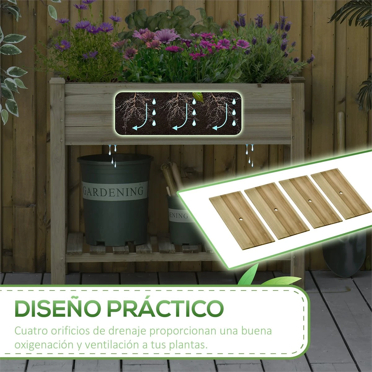 Outsunny Huerto Urbano De Madera Con Estante 91x51x76 Cm Mesa De Cultivo Rectangular Con Orificios De Drenaje Para Cultivos Plantas Jardín Terraza Exterior Color Natural 8 Outsunny Huerto Urbano De Madera Con Estante 91x51x76 Cm Mesa De Cultivo Rectangular Con Orificios De Drenaje Para Cultivos Plantas Jardín Terraza Exterior Color Natural - Imagen 6