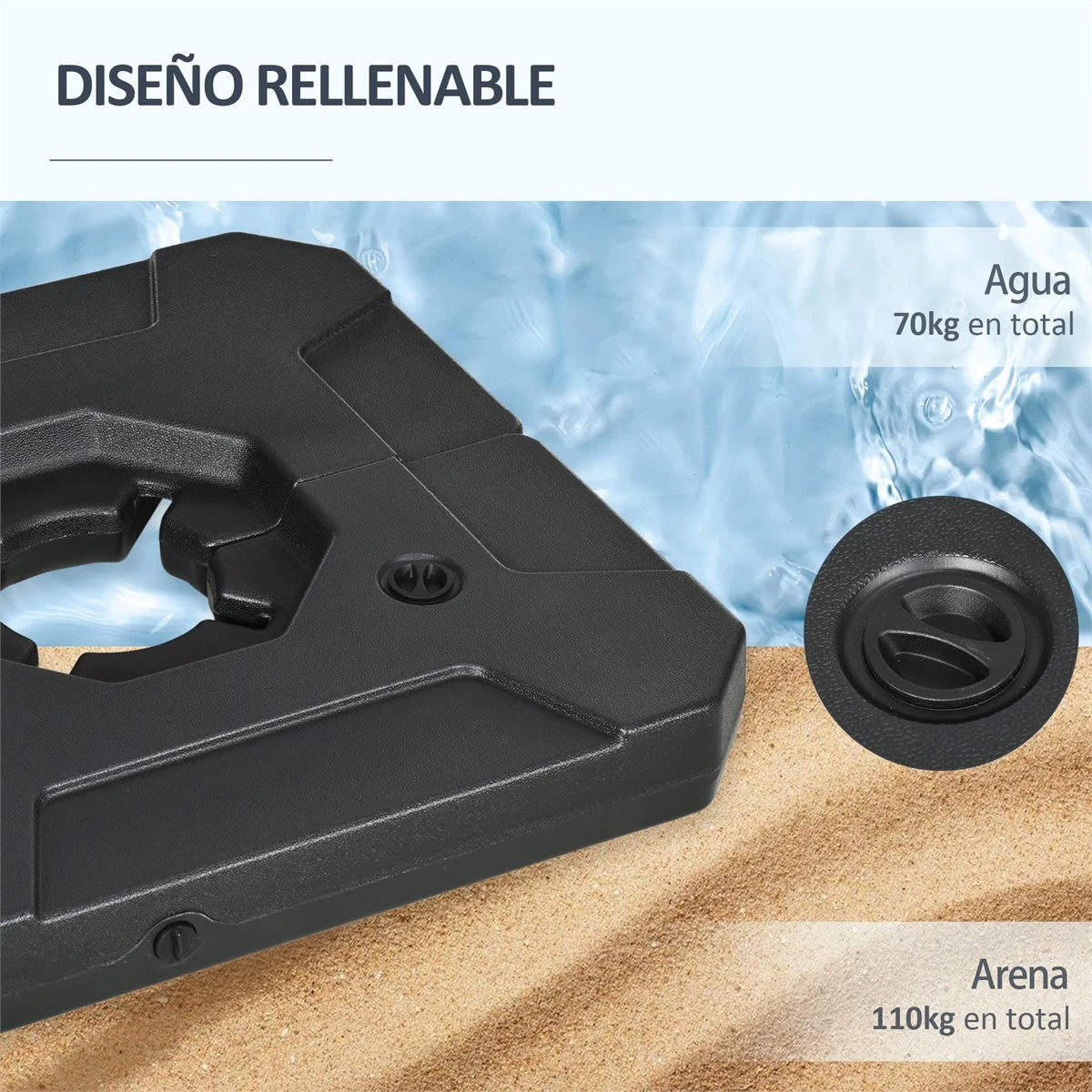 Outsunny 2 Pesos Para Base De Sombrilla Rellenable De Arena 110 Kg O Agua 70 Kg Para Base Cruzada De Parasol Sombrilla Cantilever Para Jardín Terraza Exterior 88,5x88,5x12 Cm Negro 7 Outsunny 2 Pesos Para Base De Sombrilla Rellenable De Arena 110 Kg O Agua 70 Kg Para Base Cruzada De Parasol Sombrilla Cantilever Para Jardín Terraza Exterior 88,5x88,5x12 Cm Negro - Imagen 5