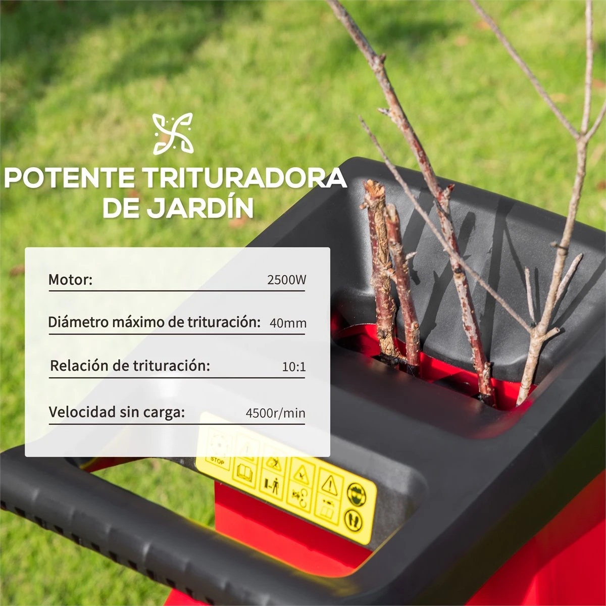 Outsunny Trituradora De Jardín 2500W Con 2 Cuchillas De Volteo Hasta Ø40 Mm De Ramas Bolsa De Recolección De 50L Y Ruedas Para Malas Hierbas 52x39x89 Cm Negro Y Rojo 6 Outsunny Trituradora De Jardín 2500W Con 2 Cuchillas De Volteo Hasta Ø40 Mm De Ramas Bolsa De Recolección De 50L Y Ruedas Para Malas Hierbas 52x39x89 Cm Negro Y Rojo - Imagen 4