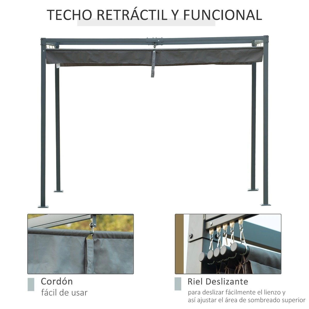Outsunny Pérgola 3x2 M Cenador De Jardín Con Techo Retráctil De Poliéster Con Recubrimiento Resistente Para Celebraciones Fiestas Bodas Gris 7 Outsunny Pérgola 3x2 M Cenador De Jardín Con Techo Retráctil De Poliéster Con Recubrimiento Resistente Para Celebraciones Fiestas Bodas Gris - Imagen 5