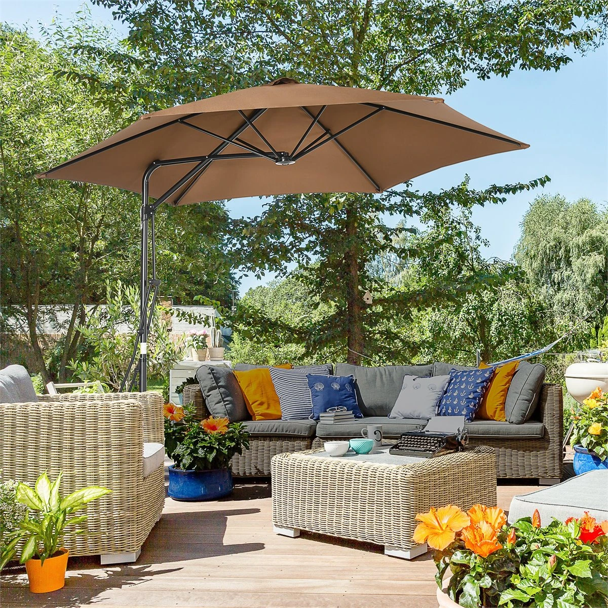 Outsunny Sombrilla Voladizo De Jardín Ø295x245 Cm Parasol Excéntrico Manivela Manual Con 6 Varillas De Metal Ventilación Y Base Cruzada Para Patio Terraza Exterior Marrón 4 Outsunny Sombrilla Voladizo De Jardín Ø295x245 Cm Parasol Excéntrico Manivela Manual Con 6 Varillas De Metal Ventilación Y Base Cruzada Para Patio Terraza Exterior Marrón - Imagen 2