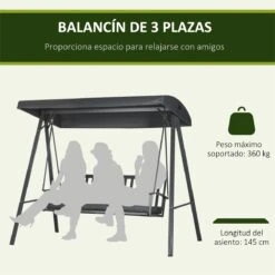 Outsunny Columpio De Jardín De 3 Plazas Silla Balancín Con Toldo Inclinable Cojín Extraíble Y Marco De Acero Para Terraza Piscina Patio Carga 360 Kg 210x128x184 Cm Gris Oscuro -OUTSUNNY TIENDA ce54e8a4cafa9ae841e93b49ba622b53e698b120 ec5257be994e482fa556eaed505abe3b