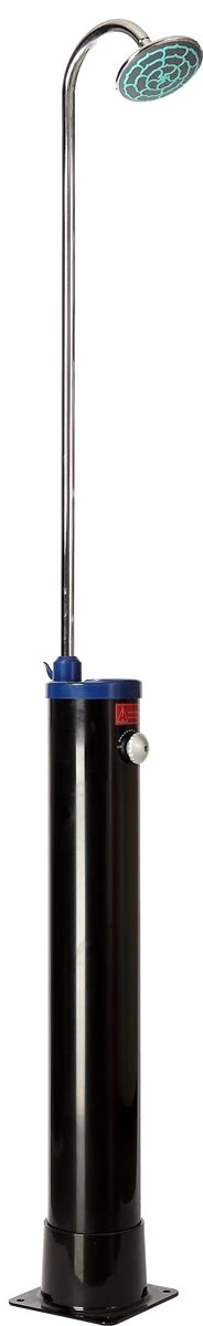 Ducha Solar Gru Nera Ducha A Calentamiento Solar De Exterior Con Base De PVC Y Tubo Superior De Acero Inoxidable Depósito 19 Litros Ducha Redonda De 16 Cm De Diámetro En ABS Y Mezclador Altura 216 Cm Presión Máxima De Trabajo 3 Bar.
