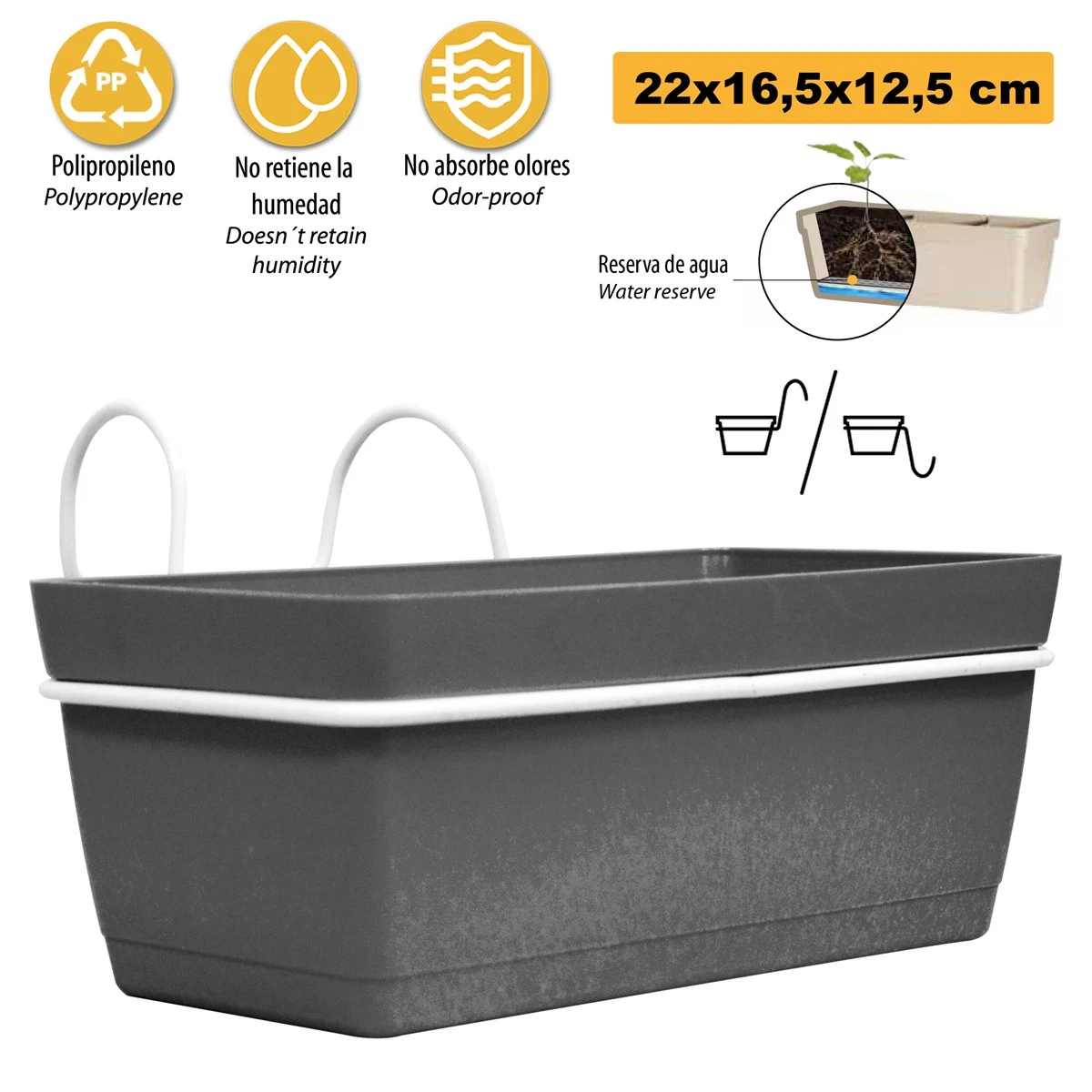 3 Jardineras L 22 Cm Con Ganchos, De Polipropileno 5 3 Jardineras L 22 Cm Con Ganchos, De Polipropileno - Imagen 3