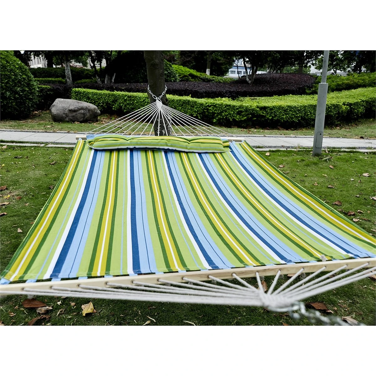 Outsunny Hamaca Colgante De Jardín Para 2 Personas Hamaca Ecológico Para Camping Con Almohada Carga De 180 Kg Rayas Azules Y Verdes 3,4x1,4m 13 Outsunny Hamaca Colgante De Jardín Para 2 Personas Hamaca Ecológico Para Camping Con Almohada Carga De 180 Kg Rayas Azules Y Verdes 3,4x1,4m - Imagen 11