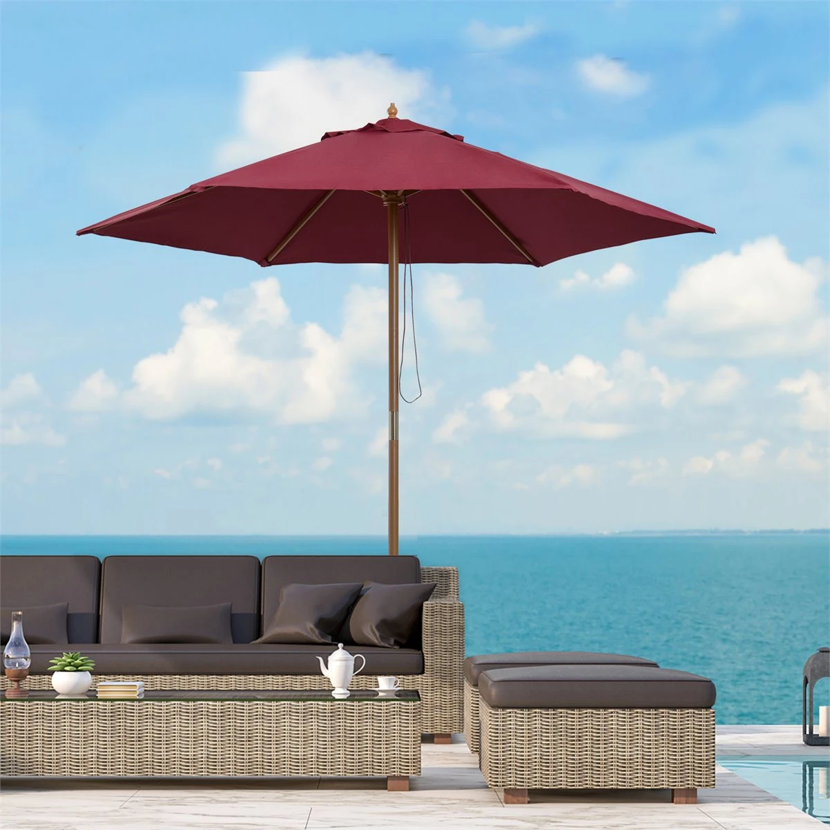 Outsunny Sombrilla Parasol De Madera Ø250x230cm Para Exterior Con 6 Varillas Sistema De Cuerda Con Fijación Desmontable Portátil Fácil De Guardar Y Transportar Granate 4 Outsunny Sombrilla Parasol De Madera Ø250x230cm Para Exterior Con 6 Varillas Sistema De Cuerda Con Fijación Desmontable Portátil Fácil De Guardar Y Transportar Granate - Imagen 2