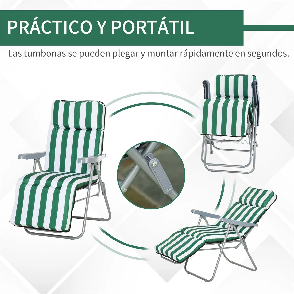 Outsunny 2 Tumbonas Plegables De Jardín Sillas De Gravedad Cero De Acero Con Cojín Acolchado Respaldo Ajustable En 5 Posiciones Y Reposapiés 60x75x50-102 Cm Rayas Verde 7 Outsunny 2 Tumbonas Plegables De Jardín Sillas De Gravedad Cero De Acero Con Cojín Acolchado Respaldo Ajustable En 5 Posiciones Y Reposapiés 60x75x50-102 Cm Rayas Verde - Imagen 5