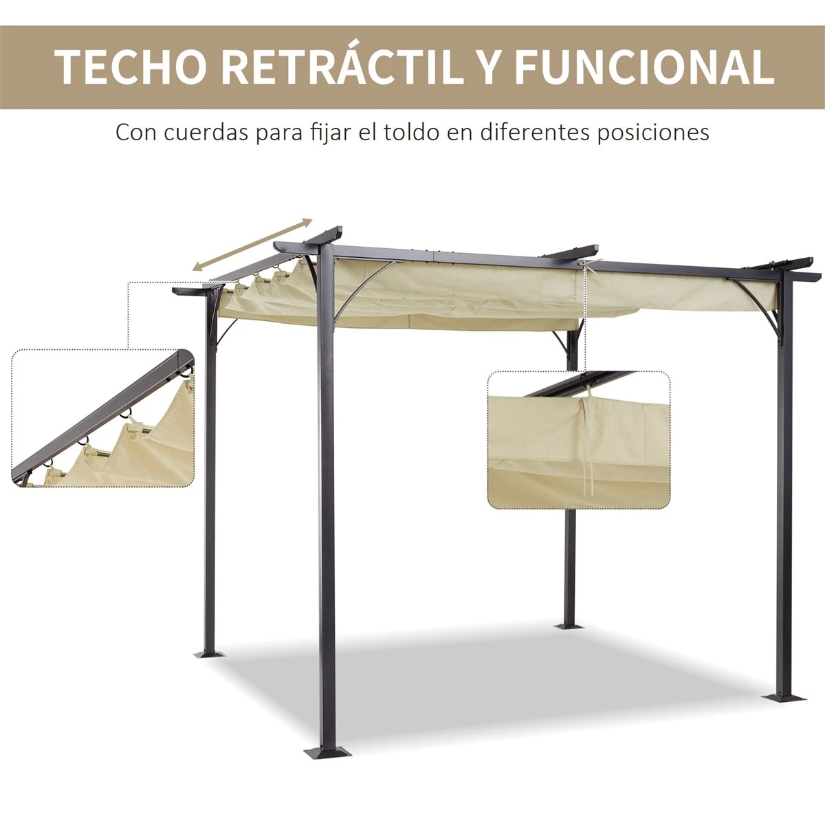 Outsunny Pérgola De Metal 3x3m Gazebo Cenador Para Jardín Patio O Terraza Con Techo Retráctil Tela Poliéster Resistente Al Agua Y UV 7 Outsunny Pérgola De Metal 3x3m Gazebo Cenador Para Jardín Patio O Terraza Con Techo Retráctil Tela Poliéster Resistente Al Agua Y UV - Imagen 5