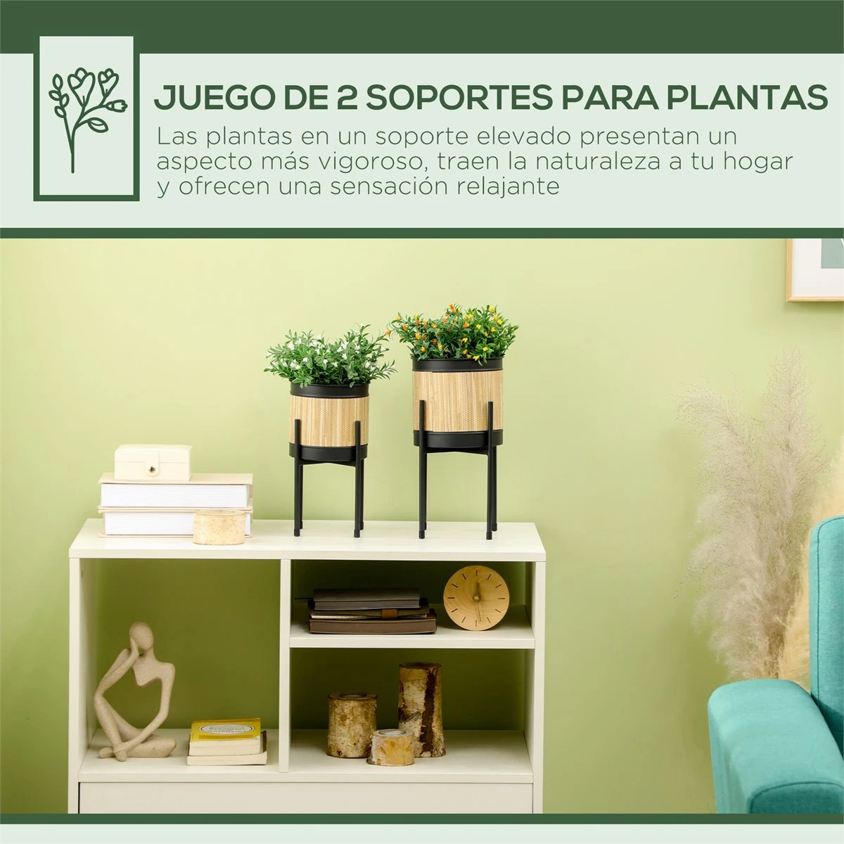 Outsunny Juego De 2 Soportes Para Plantas De Metal Cubierta De Totora Soportes Para Macetas Maceteros Redondos Para Salón Cocina Dormitorio Ø16x30 Cm Y Ø14x25,5 Cm Negro 6 Outsunny Juego De 2 Soportes Para Plantas De Metal Cubierta De Totora Soportes Para Macetas Maceteros Redondos Para Salón Cocina Dormitorio Ø16x30 Cm Y Ø14x25,5 Cm Negro - Imagen 4