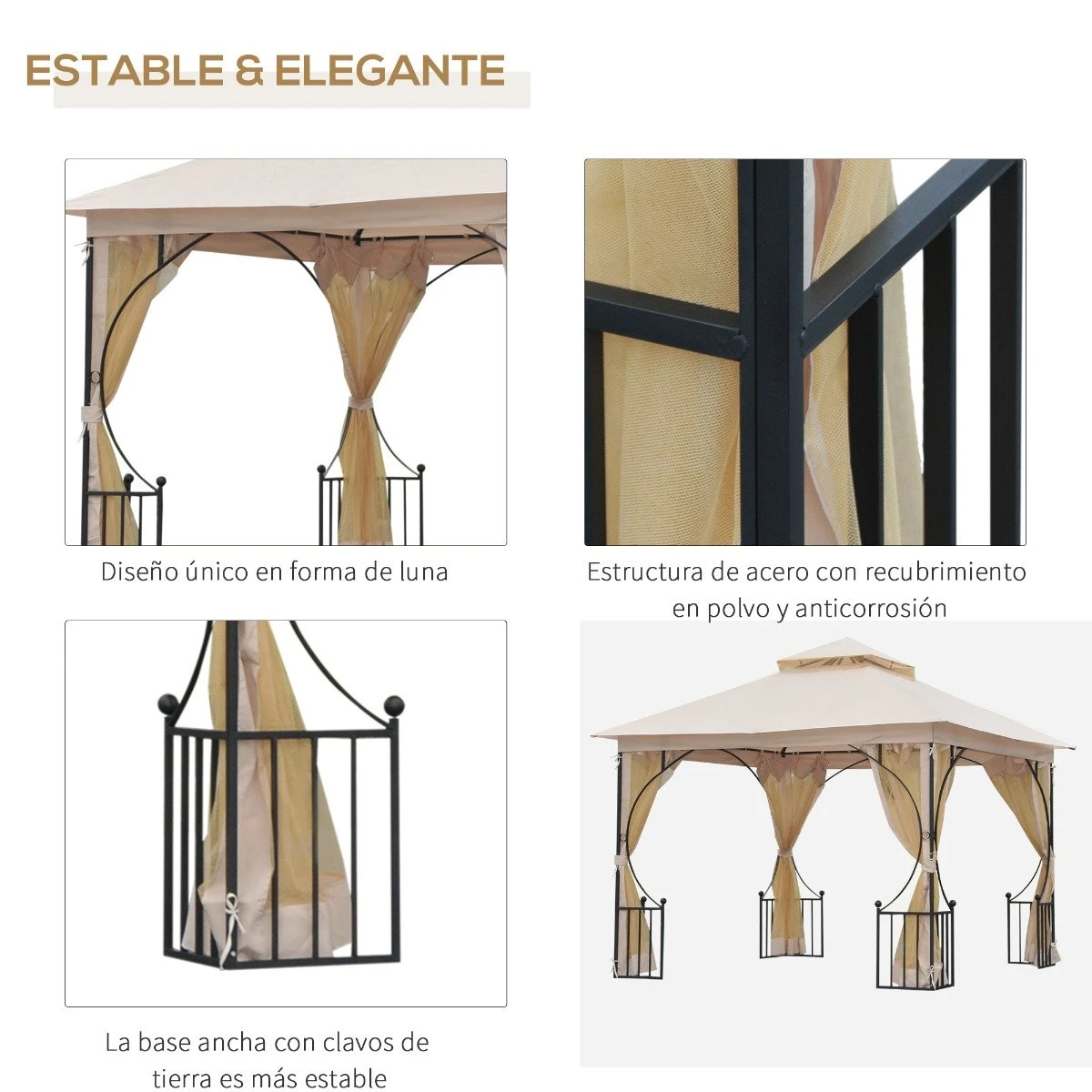 Outsunny Cenador De Jardín 3x3 M Con 4 Cortinas Laterales De Cremallera Y Doble Techo Con 8 Orificios De Drenaje Estilo Moderno Para Patio Aire Libre Beige 7 Outsunny Cenador De Jardín 3x3 M Con 4 Cortinas Laterales De Cremallera Y Doble Techo Con 8 Orificios De Drenaje Estilo Moderno Para Patio Aire Libre Beige - Imagen 5