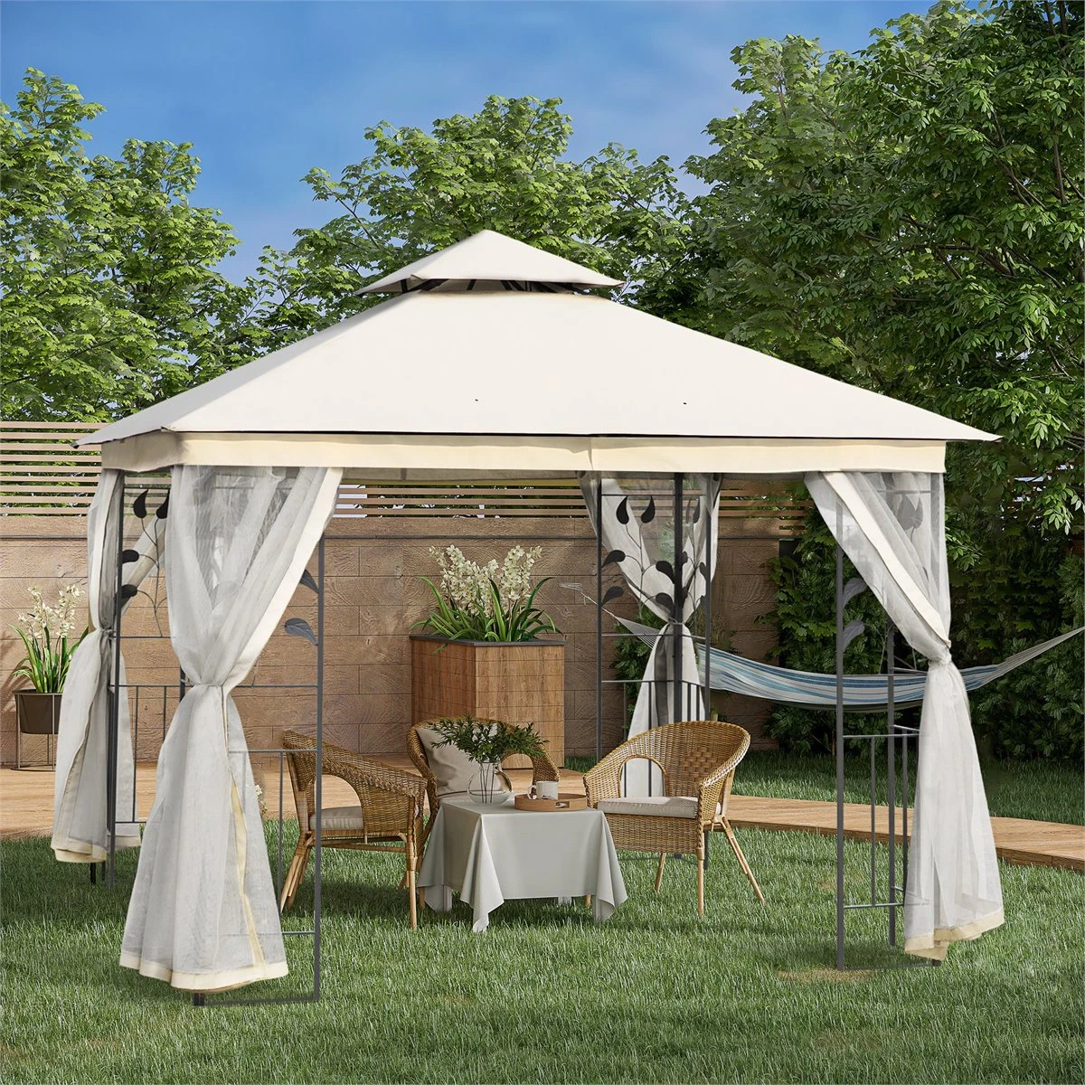 Outsunny Cenador De Jardín 300x300x280 Cm Carpas Para Exterior Grandes Doble Techo Con Mosquitera Y Piquetas Para El Suelo Fácil De Drenar Poliéster Acero Blanco 4 Outsunny Cenador De Jardín 300x300x280 Cm Carpas Para Exterior Grandes Doble Techo Con Mosquitera Y Piquetas Para El Suelo Fácil De Drenar Poliéster Acero Blanco - Imagen 2
