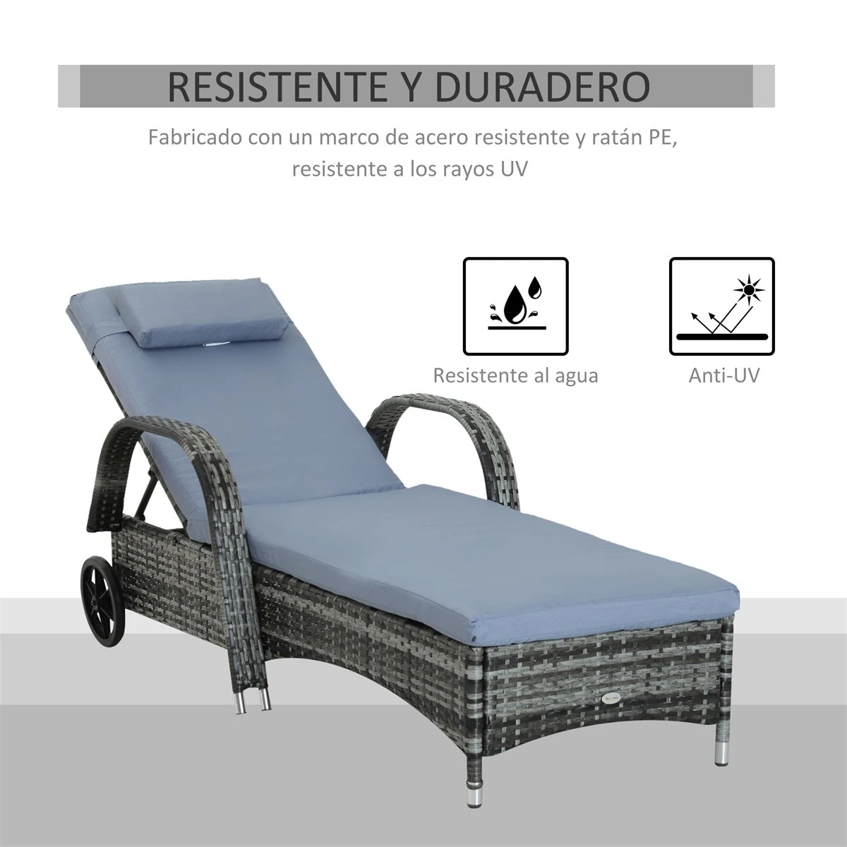Outsunny Conjunto De 2 Tumbonas De Ratán De Jardín Chaise Longue Con Respaldo Ajustable En 5 Posiciones Cojines Acolchados Reposacabezas Y 2 Ruedas 200x73x72-103 Cm Gris 6 Outsunny Conjunto De 2 Tumbonas De Ratán De Jardín Chaise Longue Con Respaldo Ajustable En 5 Posiciones Cojines Acolchados Reposacabezas Y 2 Ruedas 200x73x72-103 Cm Gris - Imagen 4