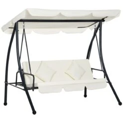 Outsunny Columpio Balancín Jardín De 3 Plazas Convertible En Cama Con Techo Ajustable Cojín Acolchado Y Almohadas Para Balcón Terraza Carga 340 Kg Acero 200x125x170 Cm Crema