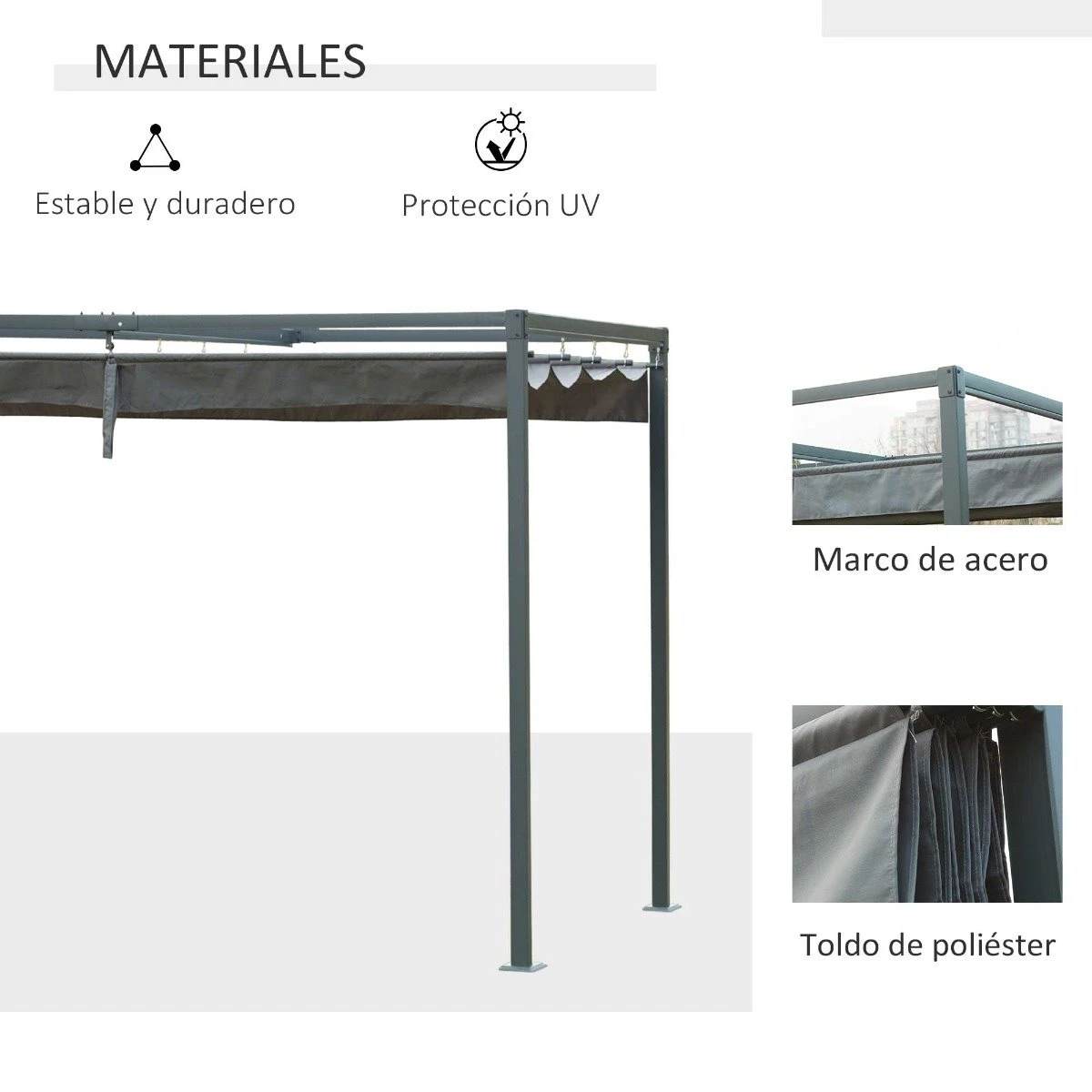 Outsunny Pérgola 3x2 M Cenador De Jardín Con Techo Retráctil De Poliéster Con Recubrimiento Resistente Para Celebraciones Fiestas Bodas Gris 6 Outsunny Pérgola 3x2 M Cenador De Jardín Con Techo Retráctil De Poliéster Con Recubrimiento Resistente Para Celebraciones Fiestas Bodas Gris - Imagen 4